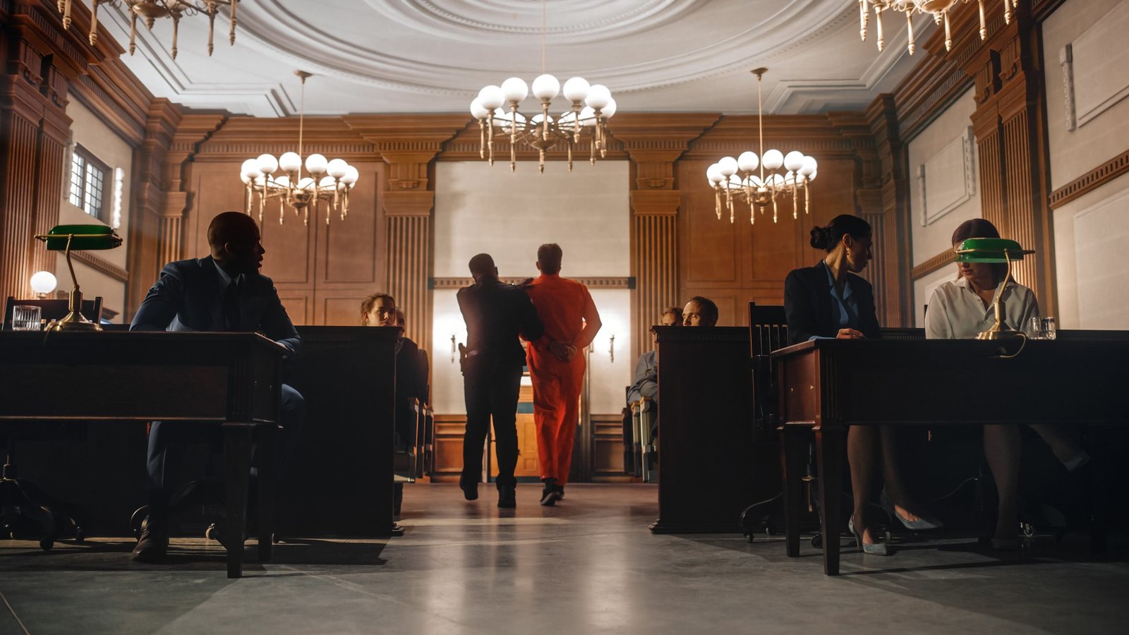 Two inmates in orange jumpsuits are escorted by guards as they walk down the central aisle of a grand, wood-paneled courtroom under ornate chandeliers.