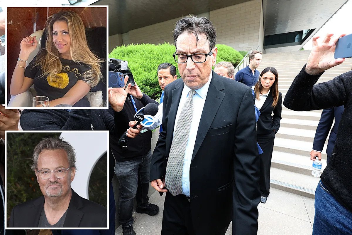 Man in a dark suit walks past reporters and cameras outside a building; two insets show a smiling blonde woman indoors and a grey-haired man in a black blazer.
